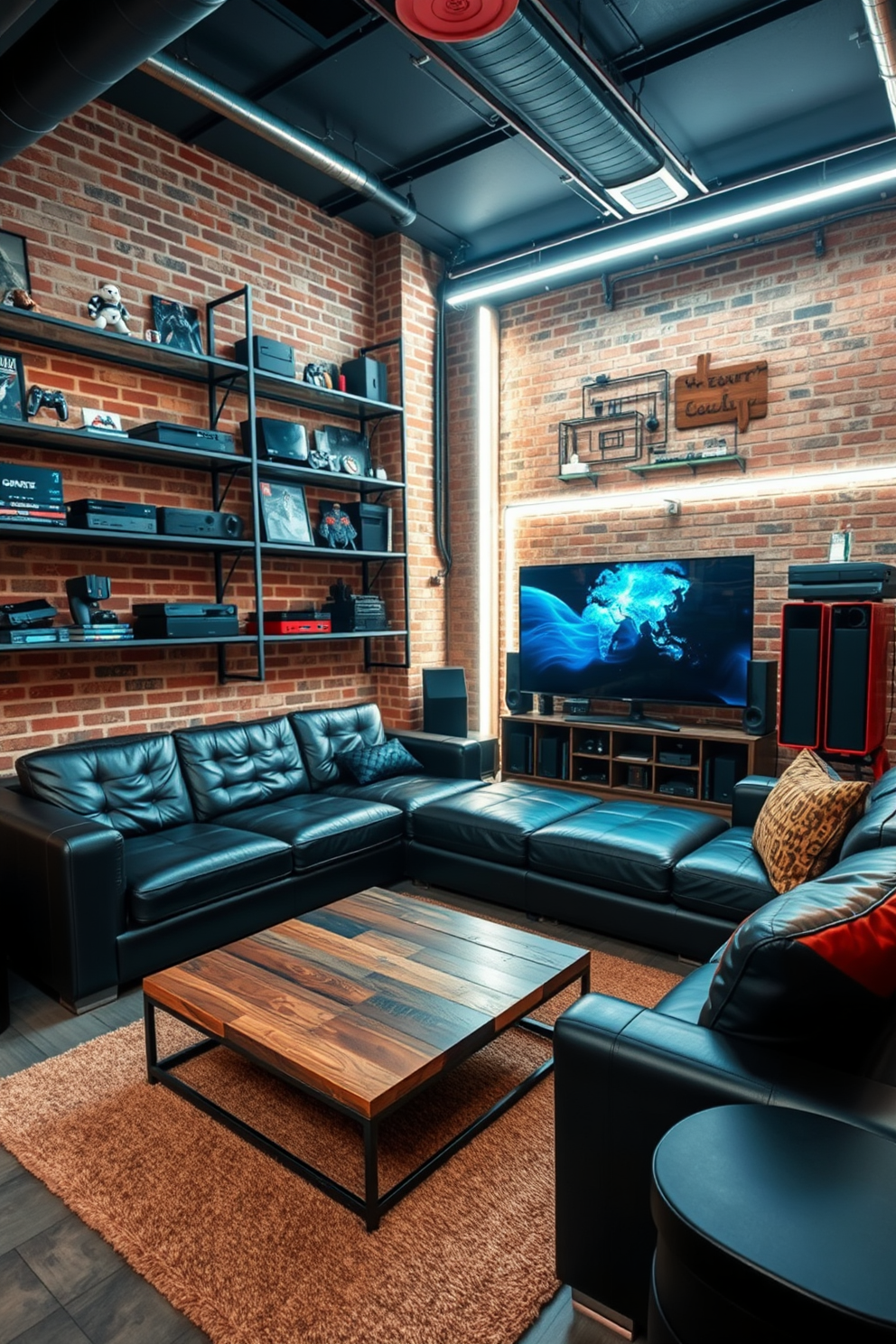 A stylish video game room featuring industrial chic elements. The walls are adorned with exposed brick, and metal shelving units display various gaming collectibles. A large sectional sofa in a dark leather provides ample seating, complemented by a sleek coffee table made of reclaimed wood and metal. Ambient lighting from LED strips highlights the gaming setup, which includes a large screen and multiple consoles.