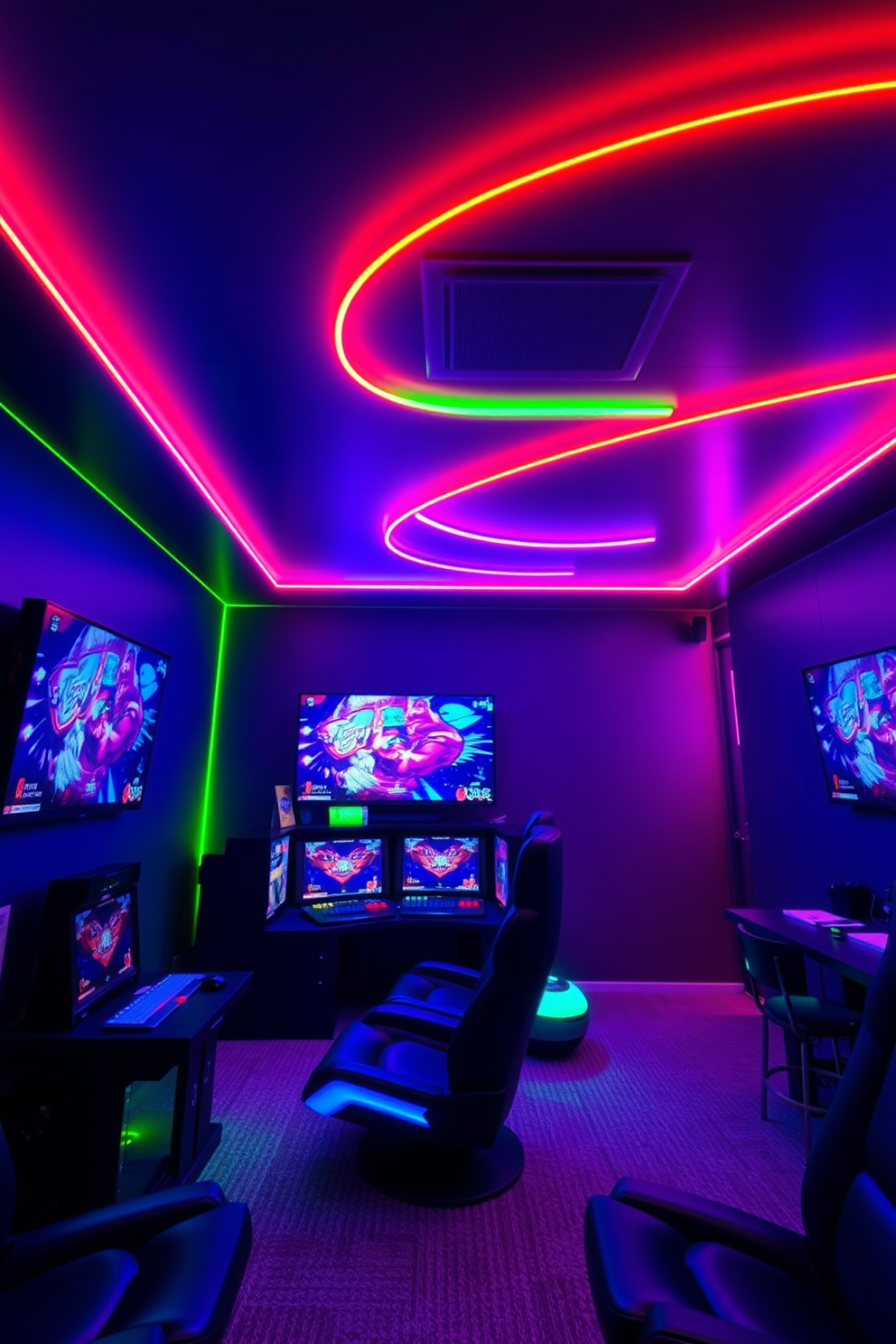 A vibrant video game room filled with colorful LED lighting that enhances the mood. The walls are painted in a dark shade to create a cozy atmosphere, while the ceiling features dynamic LED strips that change colors based on the game's theme.