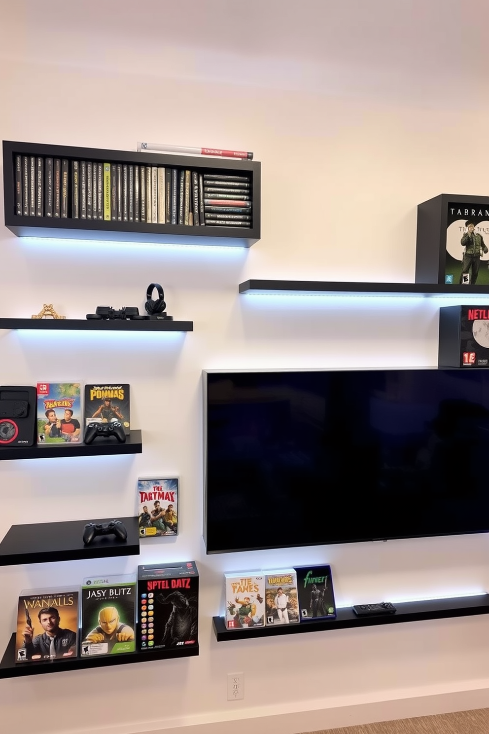 A modern video game room featuring wall-mounted shelves designed for game storage. The shelves are made of sleek black wood, displaying an organized collection of games and collectibles, with LED strip lighting highlighting the display.