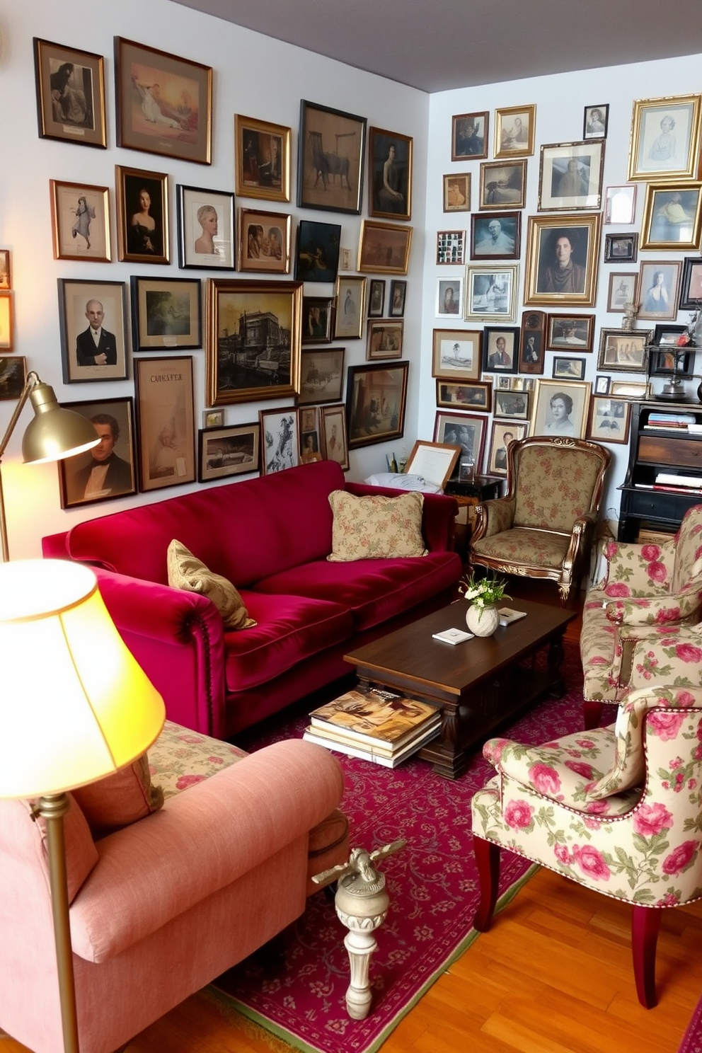 A vintage apartment design featuring a blend of antique furniture and modern accents. The living room showcases a classic wooden coffee table paired with a sleek leather sofa, creating a harmonious contrast between old and new. In the dining area, an ornate chandelier hangs above a minimalist glass dining table surrounded by upholstered chairs. The walls are adorned with vintage artwork, while a contemporary rug anchors the space, adding warmth and texture.