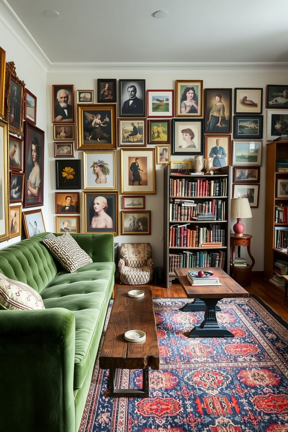 A cozy vintage apartment filled with character. The walls are adorned with an eclectic mix of vintage art prints in ornate frames, creating a gallery-style display. The living area features a plush velvet sofa in deep green, paired with a reclaimed wood coffee table. A vintage rug with intricate patterns anchors the space, while a tall bookshelf filled with old books adds warmth and charm.