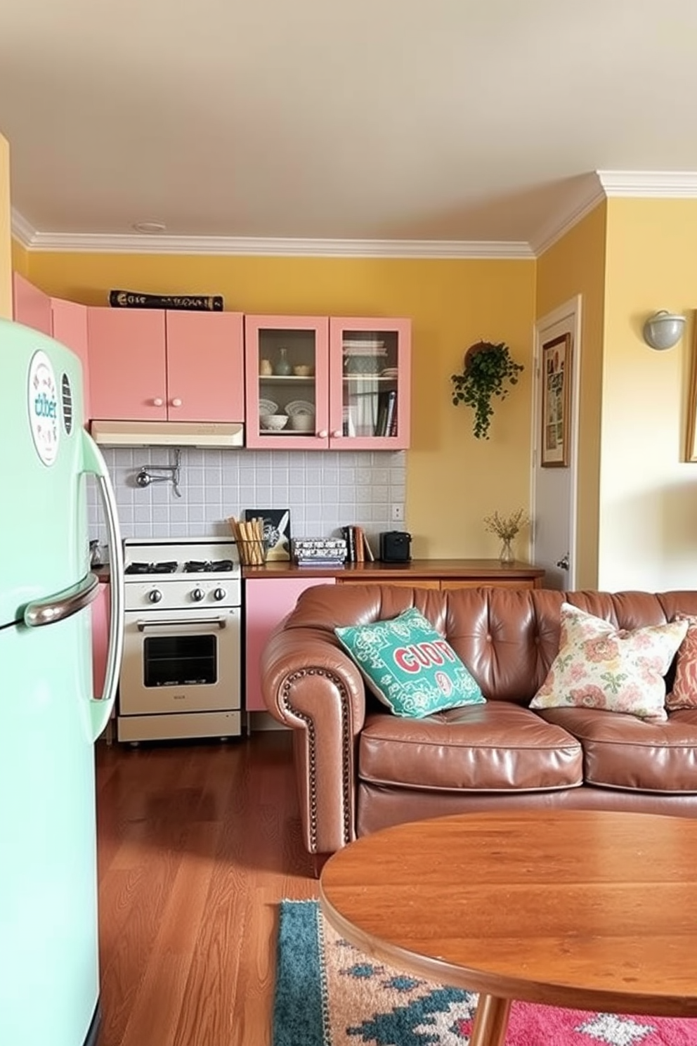 A charming retro kitchen features pastel-colored appliances including a mint green refrigerator and a classic cream-colored stove. The cabinets are adorned with vintage hardware, and the walls are painted in a soft yellow hue, creating a warm and inviting atmosphere. In this vintage apartment design, the living room showcases mid-century modern furniture with a cozy, well-worn leather sofa and a round wooden coffee table. The space is accented with colorful throw pillows and a bold area rug, enhancing the nostalgic feel of the room.