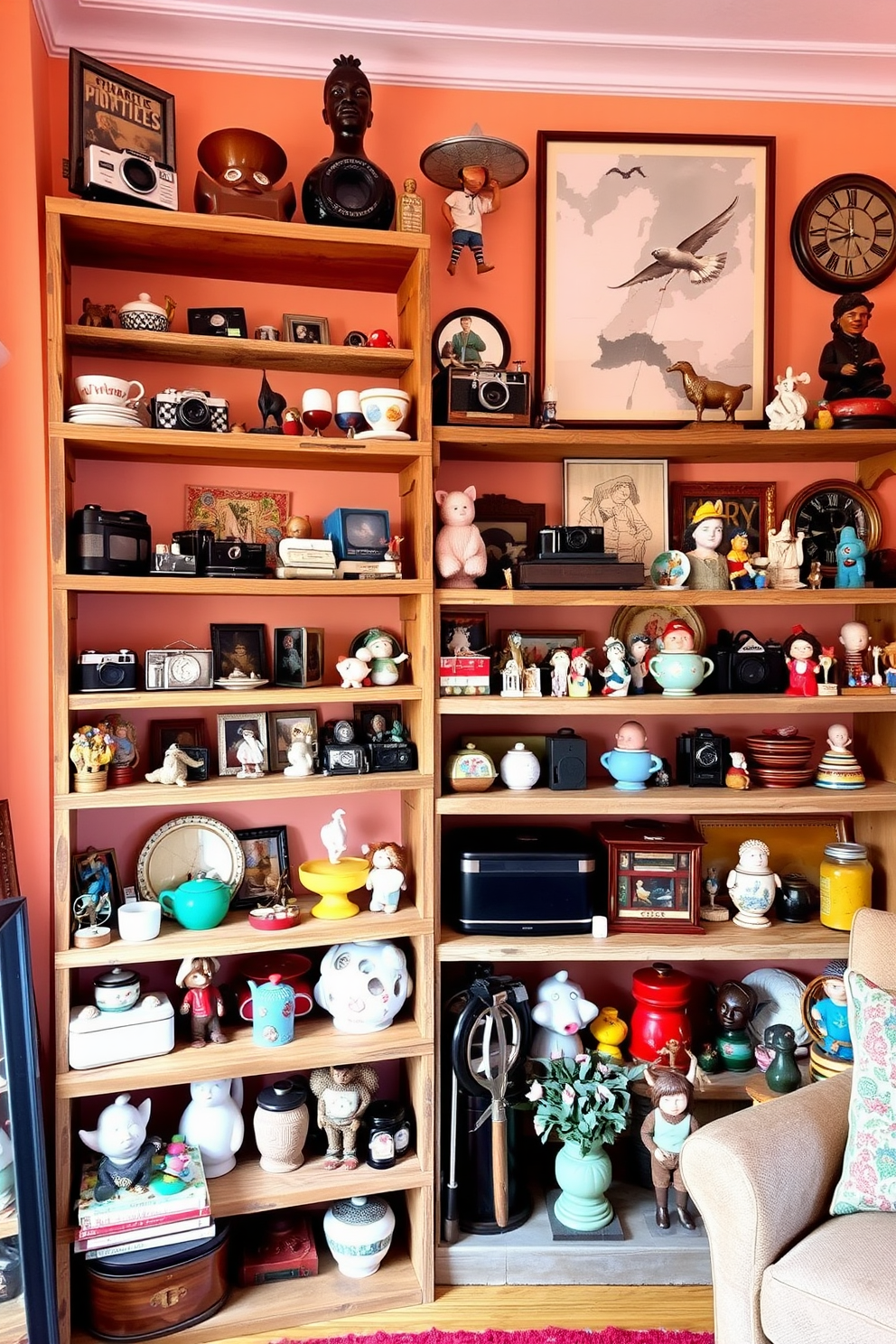 A vintage apartment filled with character and charm. Reclaimed wood shelves line the walls, displaying an eclectic mix of books and decorative items. A rustic wooden dining table sits in the center, surrounded by mismatched chairs that add to the cozy atmosphere. The walls are adorned with vintage artwork, and soft, warm lighting creates an inviting ambiance.