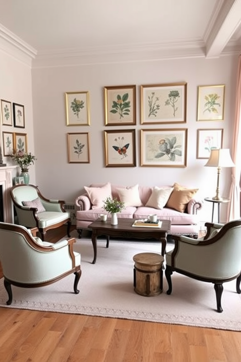 A vintage apartment filled with soft pastel color palettes. The living room showcases a light pink sofa paired with mint green accent chairs and a delicate cream area rug. The walls are adorned with framed botanical prints in muted tones. An antique wooden coffee table sits in the center, complemented by pastel-colored cushions on the sofa.