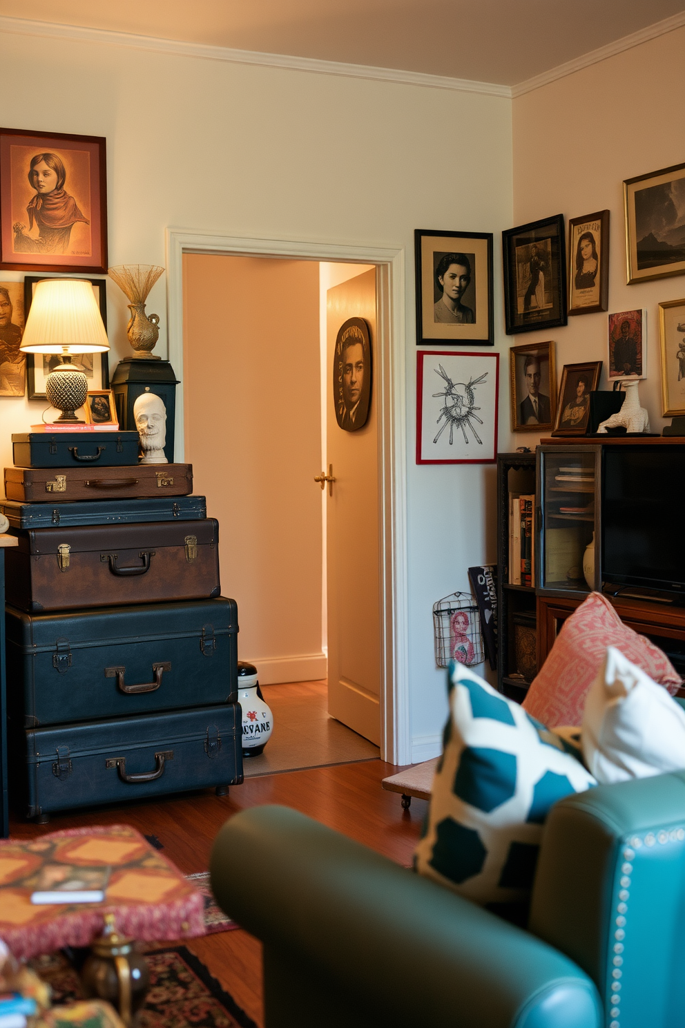 A cozy vintage apartment filled with character and charm. Stacked vintage suitcases serve as decorative storage, adding a touch of nostalgia to the room. The walls are adorned with eclectic artwork and the furniture features a mix of retro and modern styles. Soft lighting creates a warm ambiance, highlighting the unique textures and colors throughout the space.