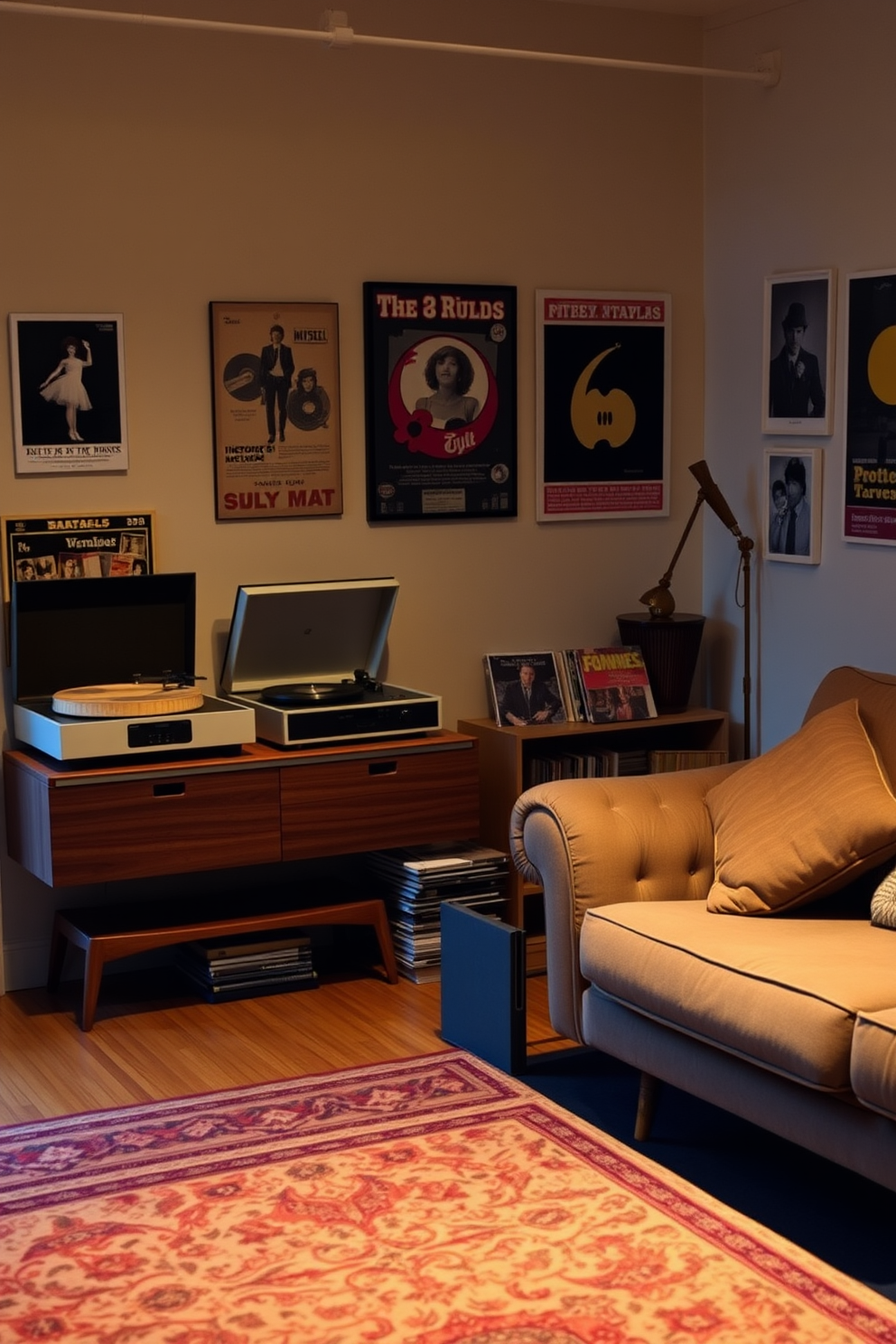 A cozy reading nook in a vintage apartment. A plush armchair is positioned next to a small wooden side table stacked with vintage books and magazines. The walls are adorned with eclectic artwork and framed photographs. A soft area rug in warm tones anchors the space, creating an inviting atmosphere.