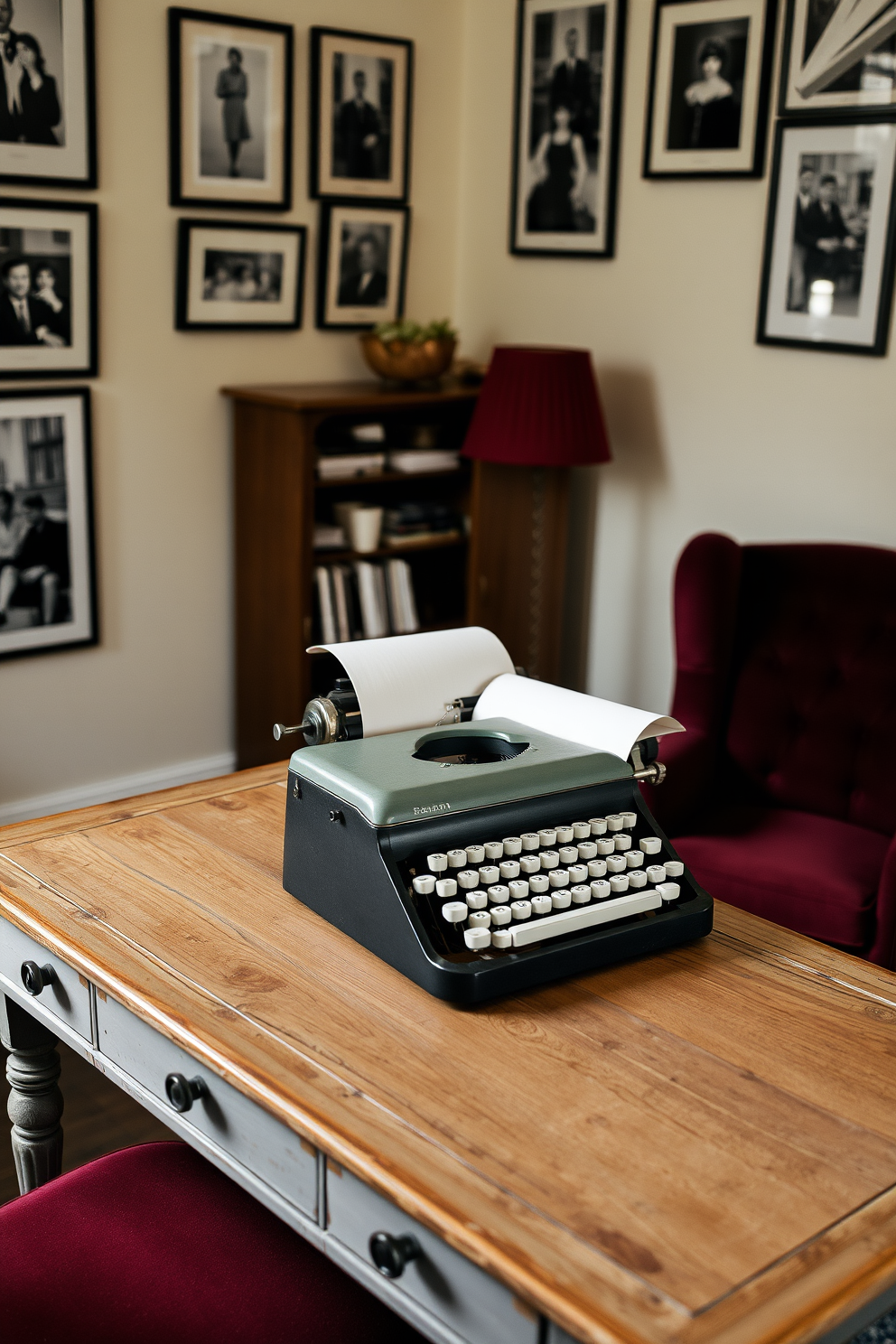 A classic typewriter sits elegantly on a distressed wooden desk in a cozy vintage apartment. The walls are adorned with framed black and white photographs, and a plush armchair in a rich burgundy fabric complements the warm atmosphere.