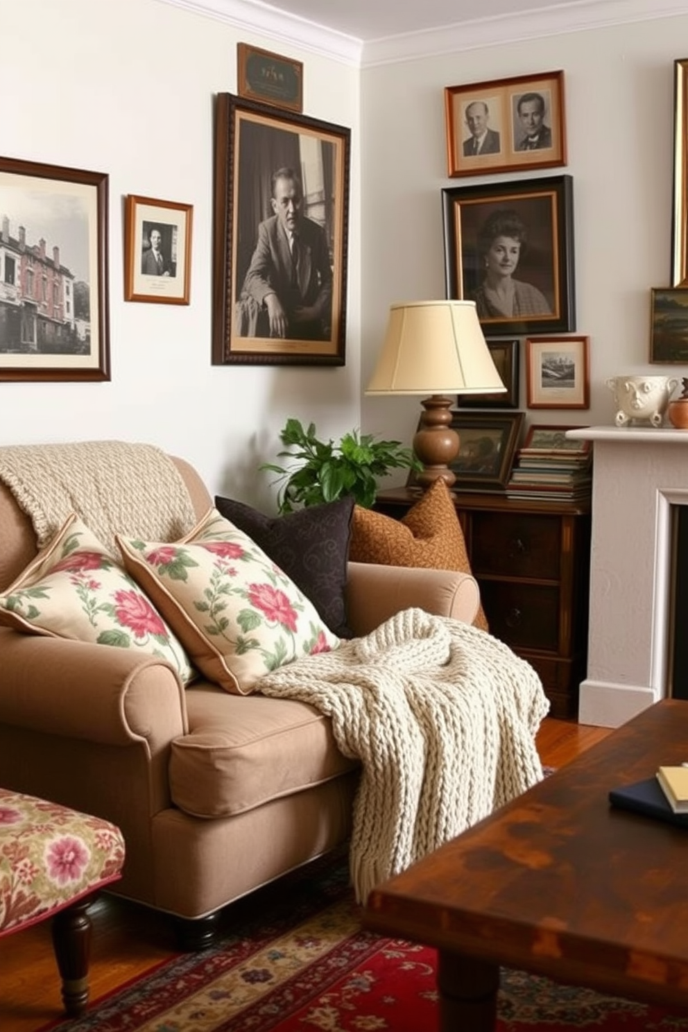 A cozy vintage-inspired living room features an assortment of throw pillows in various floral patterns and rich textures. A soft, knitted blanket is draped over a plush armchair, inviting relaxation and warmth. The walls are adorned with eclectic artwork and framed photographs that tell a story of the past. A vintage rug anchors the space, complementing the warm wood tones of the furniture and adding character to the apartment design.