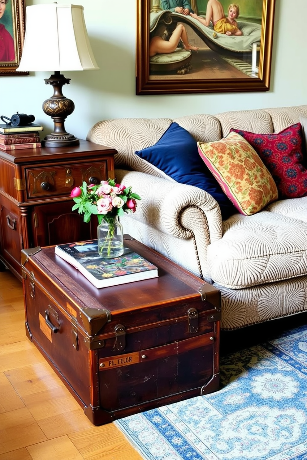 A vintage apartment setting featuring antique trunks used as unique side tables. The trunks are positioned next to a plush, overstuffed sofa adorned with colorful throw pillows, creating a cozy and inviting atmosphere.