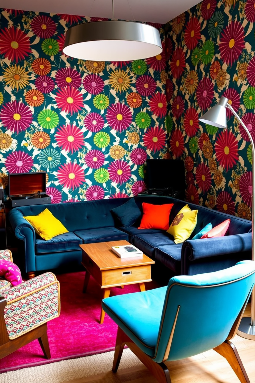 A cozy living room featuring retro wallpaper with bold patterns in vibrant colors. The space includes a plush velvet sofa and a vintage coffee table, complemented by a classic record player in the corner. Brightly colored throw pillows add a playful touch, while a mid-century modern armchair provides additional seating. The room is illuminated by a stylish floor lamp, enhancing the warm and inviting atmosphere.