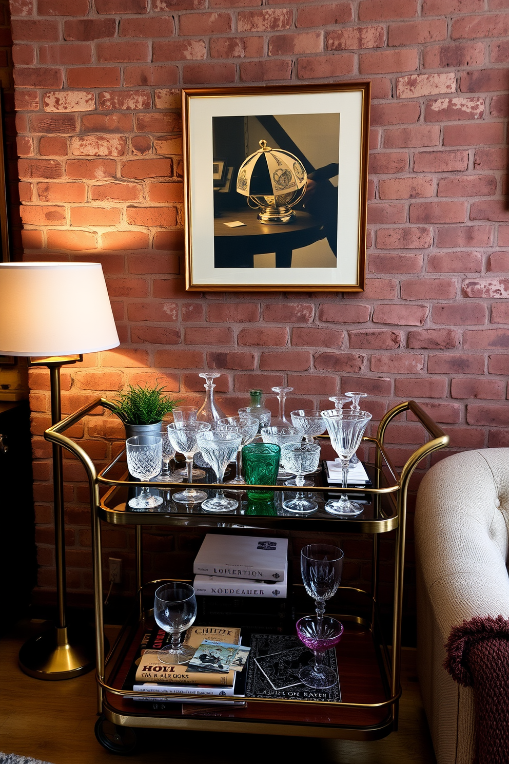 A stylish bar cart is elegantly arranged with an assortment of vintage glassware, showcasing a mix of crystal and colored pieces. The cart is set against a backdrop of exposed brick walls, contributing to the charming ambiance of the vintage apartment design. The bar cart features a polished wood surface and is adorned with a few carefully selected cocktail books and a decorative plant. Soft, ambient lighting from a nearby lamp enhances the warm tones of the space, creating an inviting atmosphere for entertaining guests.