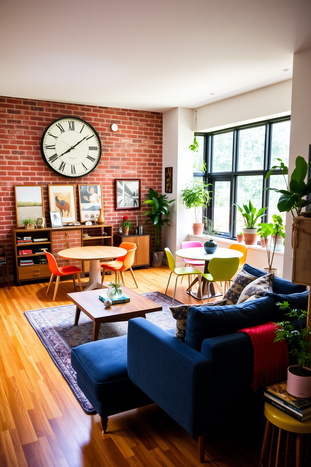 A retro clock serves as the focal point of the living room, hanging prominently on a brick accent wall. The space features a mix of mid-century furniture, including a plush velvet sofa and a sleek wooden coffee table, creating a cozy yet stylish atmosphere. In the dining area, a round table surrounded by colorful chairs complements the vintage theme. Large windows allow natural light to flood the room, highlighting the eclectic decor that includes framed art and potted plants.