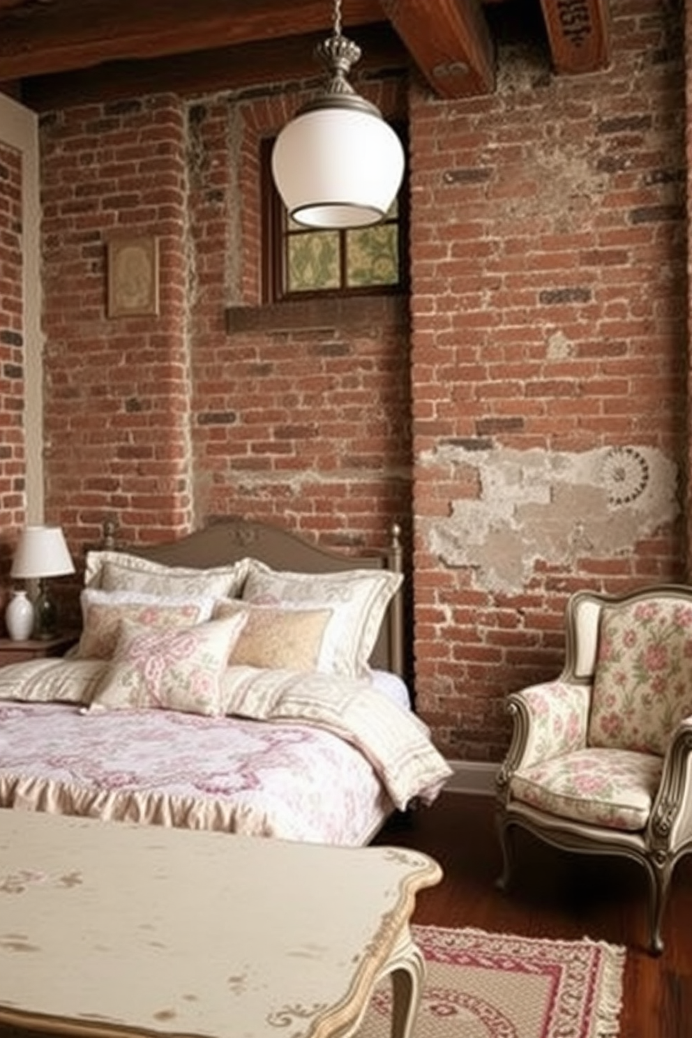 A cozy bedroom features vintage-inspired bedding with intricate floral patterns in soft pastel colors. The bed is dressed with layered quilts and plush pillows, creating an inviting and warm atmosphere. The vintage apartment design showcases exposed brick walls paired with rustic wooden beams. Antique furniture pieces, such as a distressed coffee table and a vintage armchair, add character and charm to the living space.