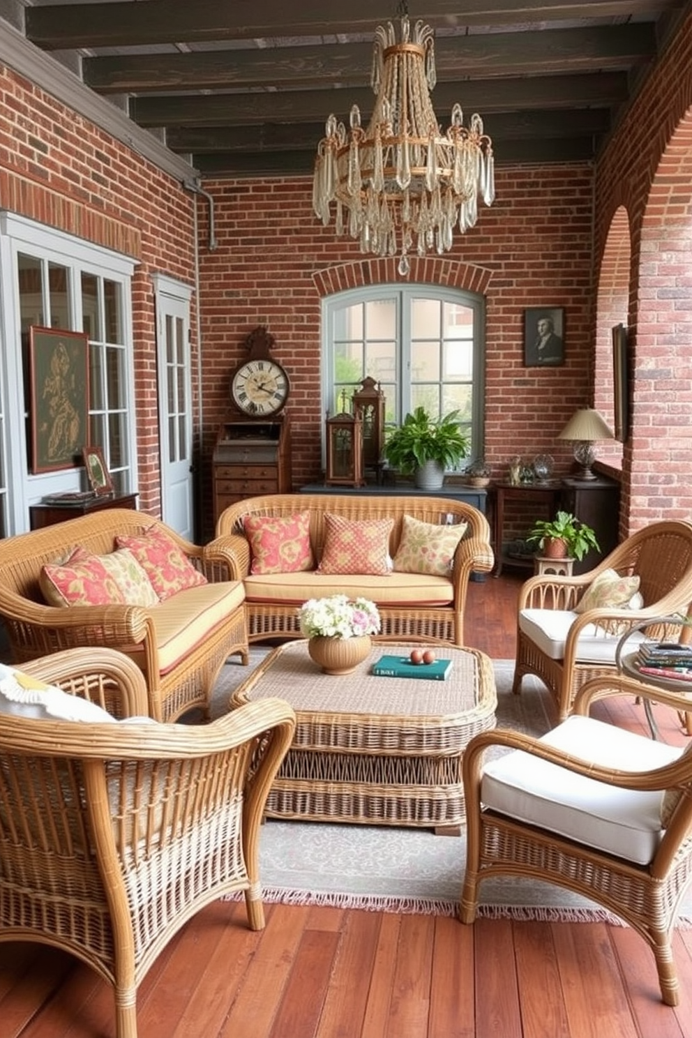 Traditional wicker furniture for outdoor spaces. The seating arrangement includes a large wicker sofa adorned with colorful cushions, surrounded by matching armchairs and a low coffee table made of woven wicker. Vintage apartment design ideas. The living room features exposed brick walls, hardwood floors, and a mix of antique furniture pieces, including a vintage chandelier and a retro coffee table, creating a warm and inviting atmosphere.