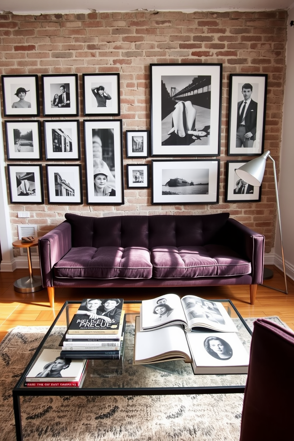 Classic black and white photographs are elegantly arranged in sleek frames on the walls, creating a timeless gallery effect. The vintage apartment features exposed brick walls and hardwood floors, enhancing the charm of the artwork. The living area is adorned with a plush velvet sofa in deep hues, complemented by a chic coffee table that hosts a collection of art books. Soft lighting from a mid-century modern floor lamp casts a warm glow, inviting relaxation and conversation.