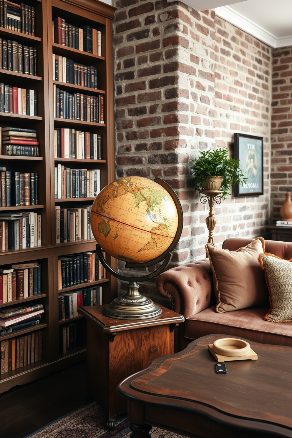 A vintage globe sits elegantly on a wooden pedestal, showcasing its intricate details and aged patina. The globe is surrounded by bookshelves filled with classic literature, creating a cozy reading nook in the corner. The apartment features exposed brick walls that add character and warmth to the space. Soft, muted colors dominate the furnishings, with a plush velvet sofa and antique coffee table enhancing the vintage aesthetic.