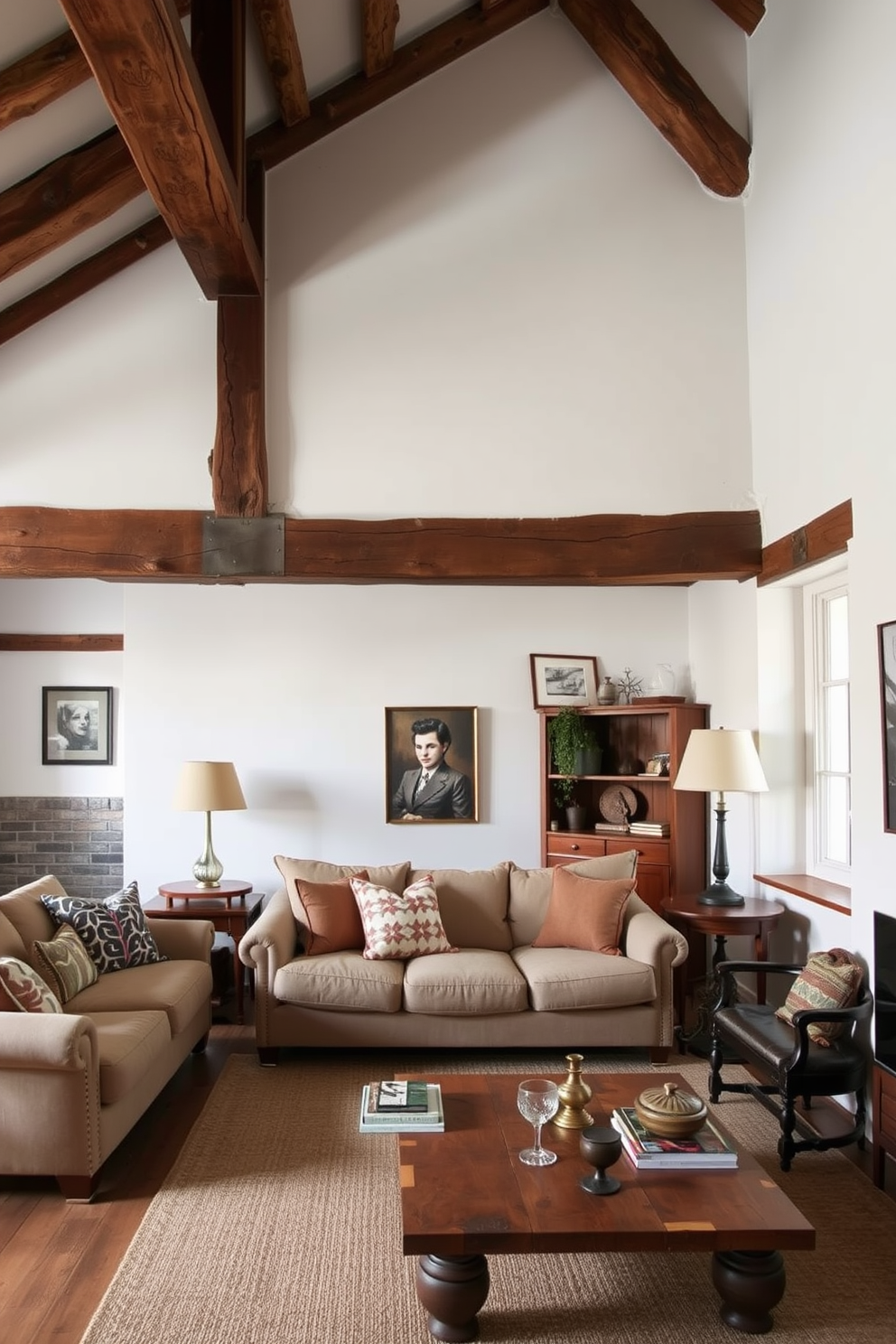 A charming vintage apartment featuring rustic wooden beams that add warmth and character to the space. The living area is adorned with a plush, oversized sofa in a muted color, complemented by a reclaimed wood coffee table and eclectic decor pieces that reflect a timeless aesthetic.