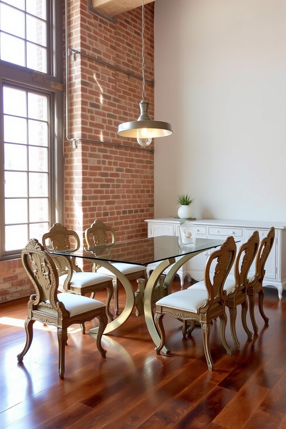 Antique dining chairs with intricate carvings surround a sleek modern table made of glass and metal. The space features exposed brick walls and large windows that allow natural light to flood in, creating a warm and inviting atmosphere. The floor is adorned with a rich, dark hardwood that contrasts beautifully with the light tones of the furniture. A stylish pendant light hangs above the table, adding a contemporary touch to the vintage-inspired dining area.