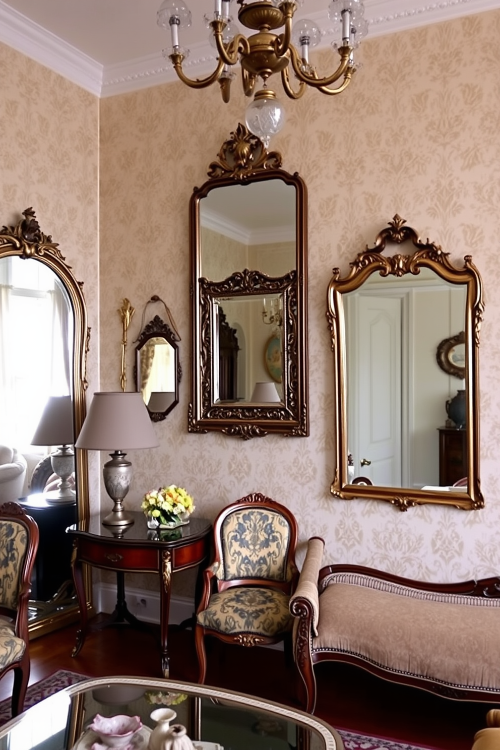 A vintage apartment setting featuring antique mirrors that reflect light and create depth throughout the space. The walls are adorned with intricate wallpaper, and the furniture showcases a blend of classic and contemporary styles.