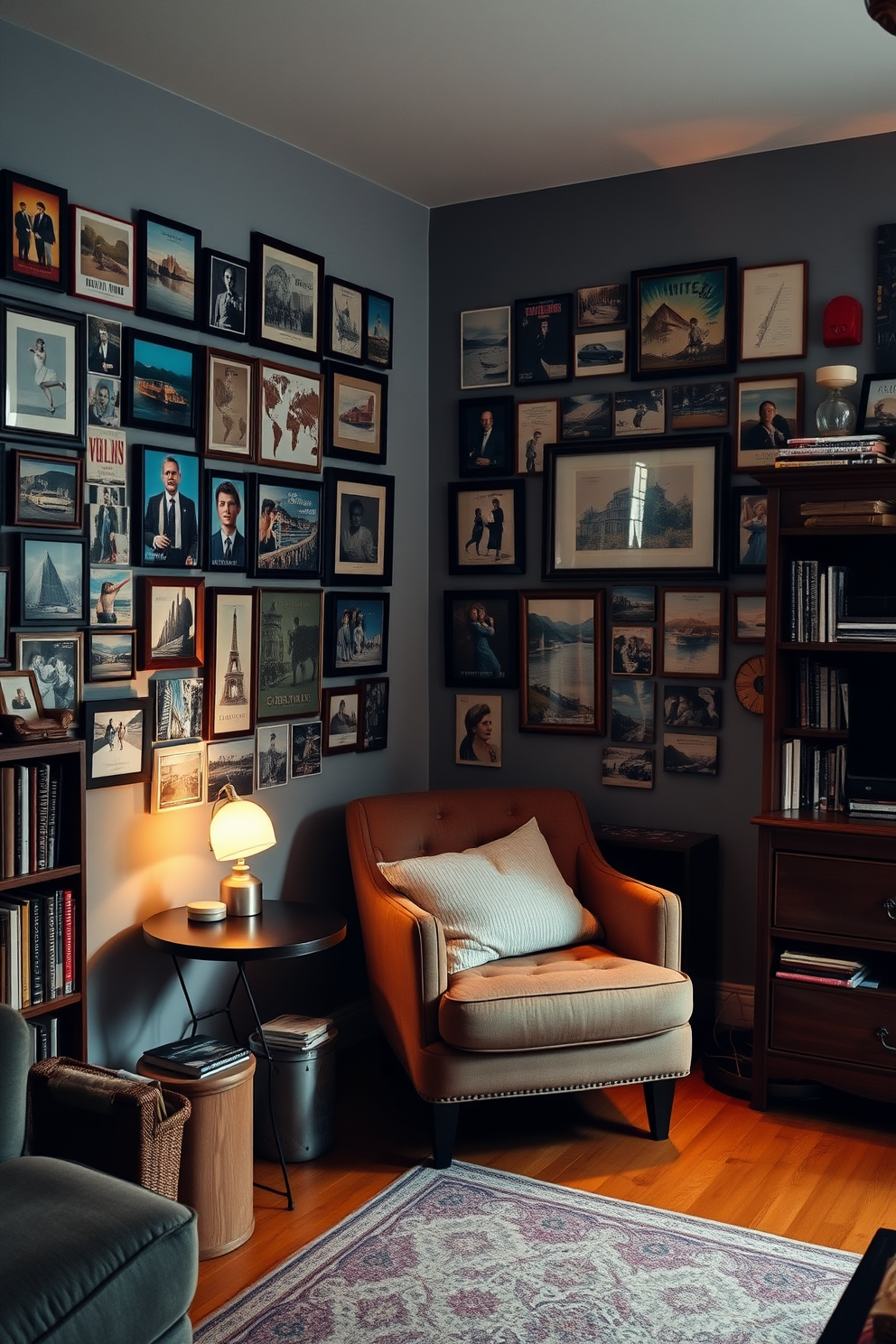 A charming living room adorned with vintage postcards as wall art, creating a nostalgic atmosphere. The postcards are arranged in an eclectic gallery wall, framed in various styles and colors, adding character to the space. The apartment features a cozy reading nook with a plush armchair and a small side table. Soft, warm lighting enhances the vintage vibe, while a patterned area rug ties the room together.