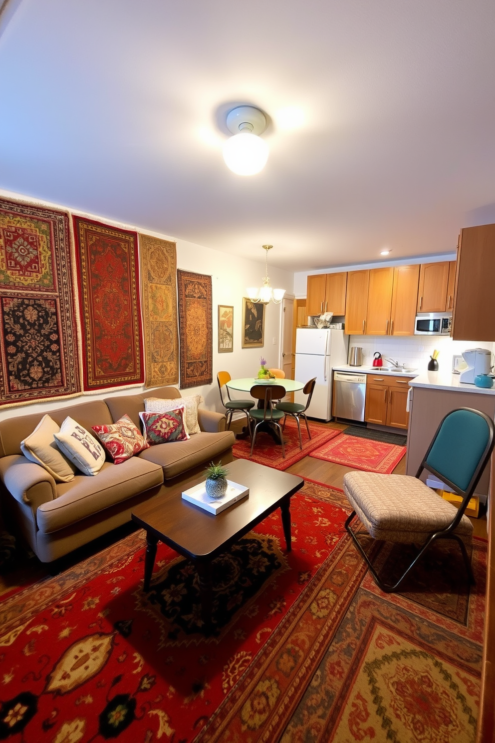 A vintage apartment living room featuring mid-century modern furniture. A sleek walnut coffee table sits in the center, surrounded by a pair of iconic Eames lounge chairs upholstered in rich leather. The walls are adorned with retro artwork, and a geometric area rug anchors the space. Large windows allow natural light to flood in, highlighting the warm tones of the wooden floors.