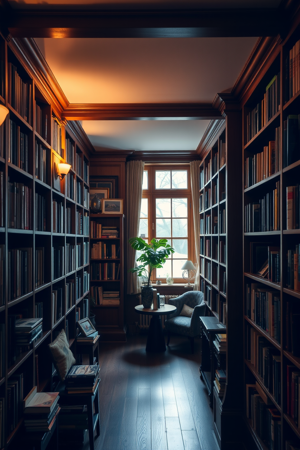 Classic wooden bookshelves line the walls of a cozy vintage apartment, filled with an array of books and decorative items. Soft, warm lighting highlights the rich wood tones and creates an inviting atmosphere throughout the space.