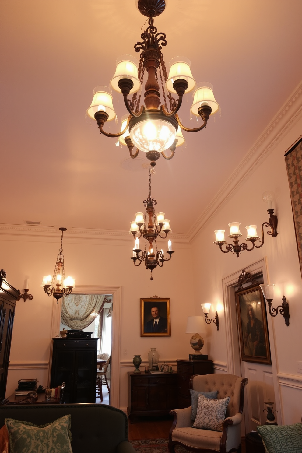 Old-fashioned light fixtures cast a warm glow throughout the vintage apartment. The space features ornate chandeliers and wall sconces that enhance the classic charm of the decor. Rich wooden furniture complements the soft hues of the walls, creating an inviting atmosphere. Plush fabrics and patterned textiles add layers of texture and elegance to the overall design.