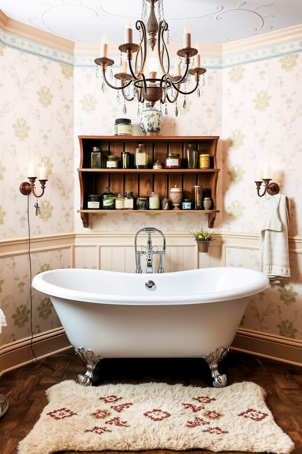 A classic clawfoot tub sits elegantly in the center of the room, surrounded by intricate vintage fixtures that exude charm. The walls are adorned with soft pastel wallpaper, and a delicate chandelier hangs above, casting a warm glow over the space. Antique wooden shelves display an array of vintage apothecary jars and decorative candles, adding character to the bathroom. A plush, patterned rug lies beneath the tub, providing a cozy touch to the vintage bathroom design.