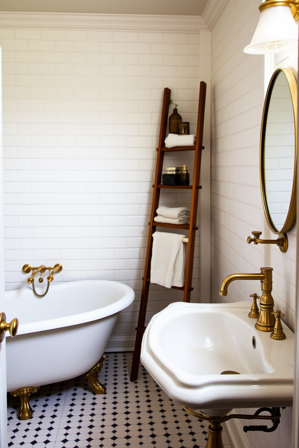 A vibrant vintage bathroom featuring colorful mosaic tiles that create an artistic flair. The walls are adorned with intricate tile patterns, while a freestanding clawfoot tub sits elegantly in the center of the room. A rustic wooden vanity with an aged finish complements the bright tiles. Above the vanity, a large round mirror with a decorative frame reflects the playful colors of the mosaic.