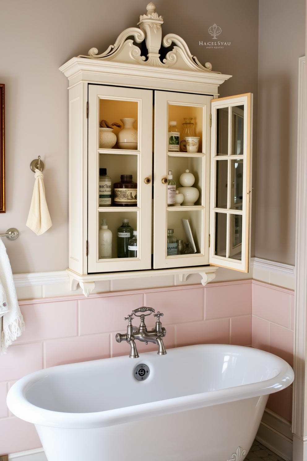 A vintage medicine cabinet with glass doors is mounted on the wall, showcasing neatly arranged toiletries and decorative items. The bathroom features a clawfoot bathtub with elegant fixtures, complemented by soft pastel colors and antique accents throughout the space.