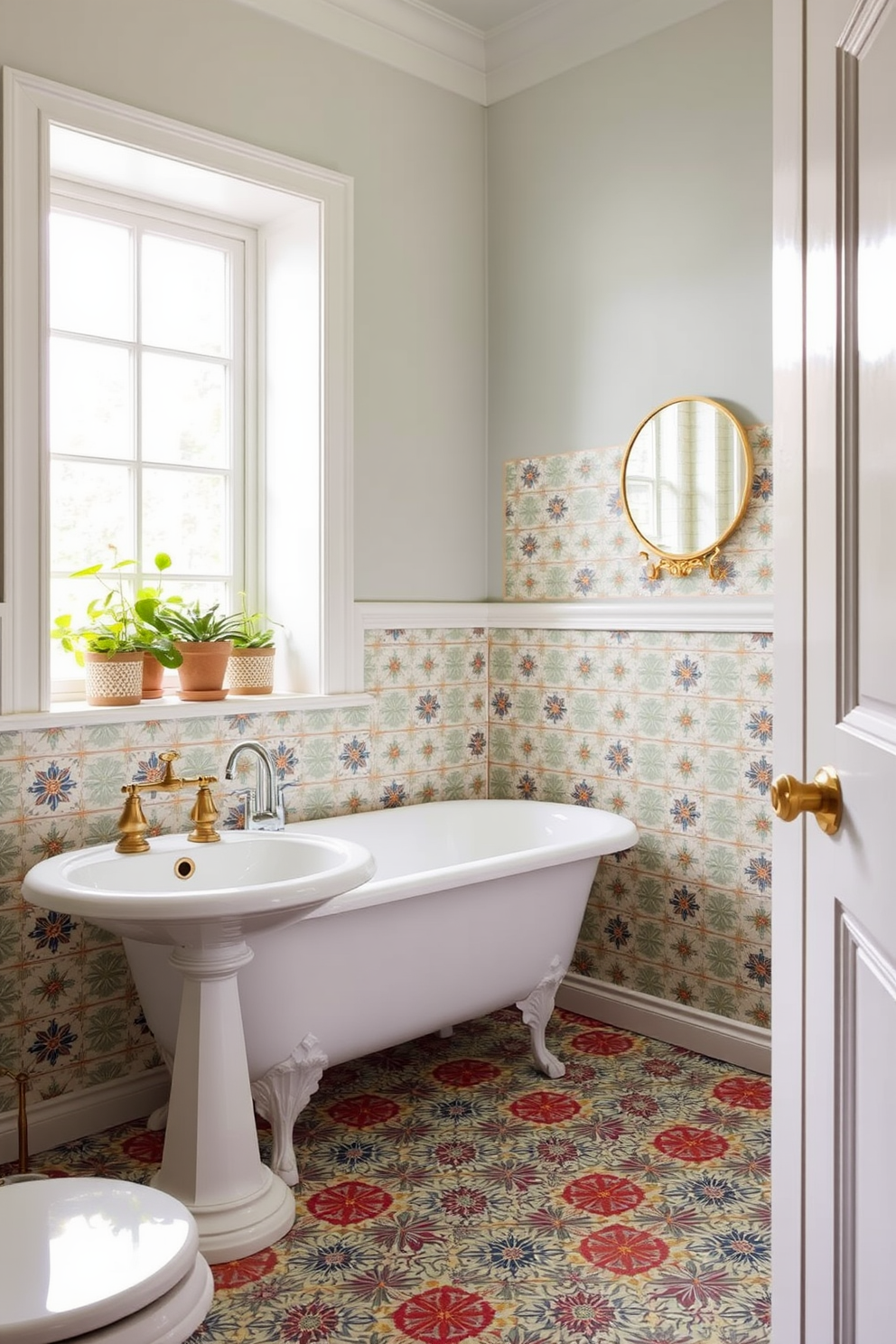 A vintage bathroom design featuring colorful patterned tiles that create a striking focal point. The space is adorned with a freestanding clawfoot tub and a classic pedestal sink, both complemented by antique brass fixtures. The walls are painted in a soft pastel hue that enhances the vibrancy of the tiles. A large window allows natural light to flood the room, illuminating a collection of potted plants on the windowsill.