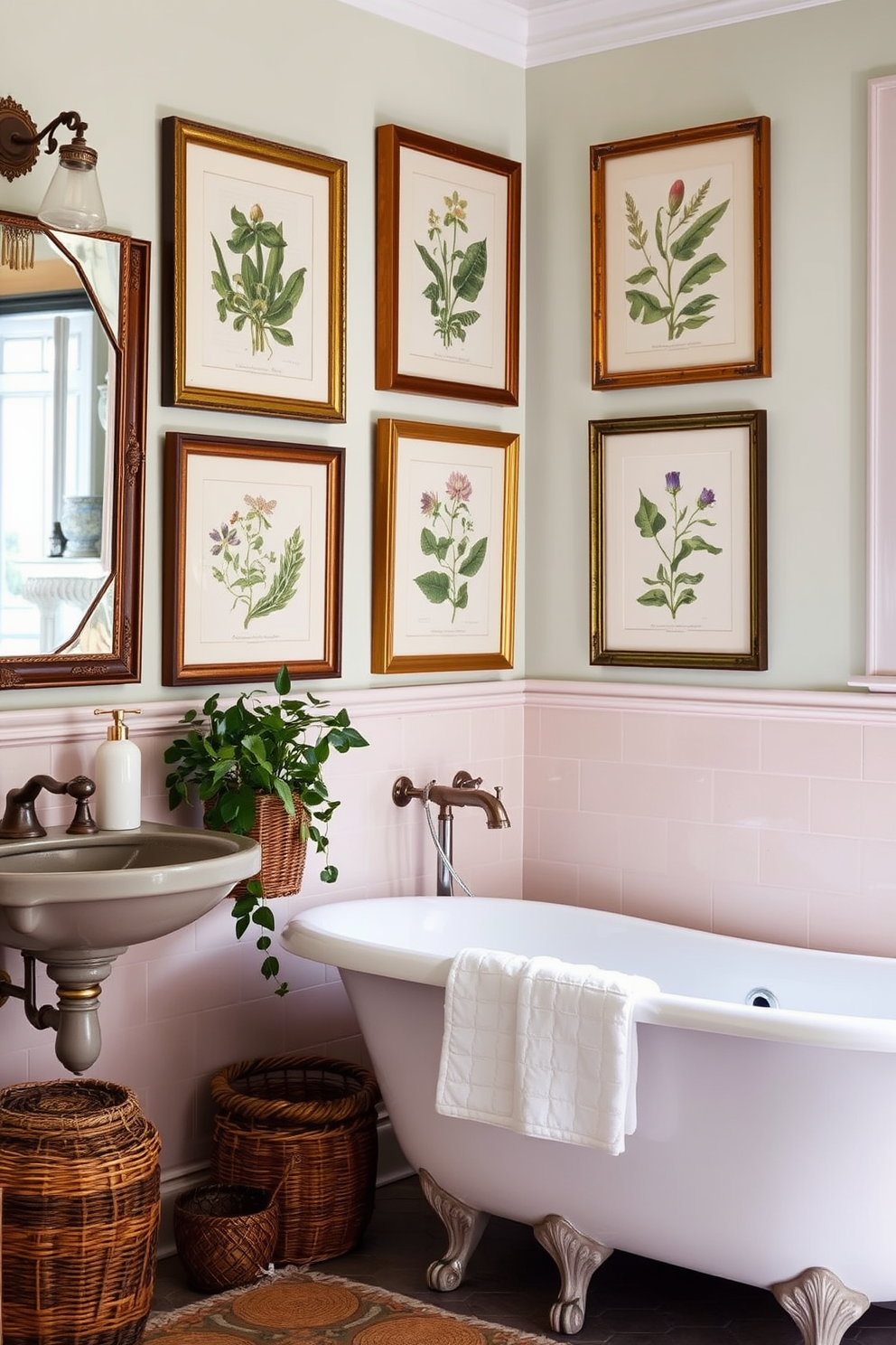 A vintage bathroom features botanical prints elegantly framed and hung on the walls, adding a touch of nature to the space. The prints are complemented by antique fixtures and a clawfoot bathtub, creating a charming and inviting atmosphere. The color palette includes soft pastels and earthy tones that enhance the vintage aesthetic. Decorative elements like woven baskets and potted plants complete the look, making the bathroom both functional and visually appealing.