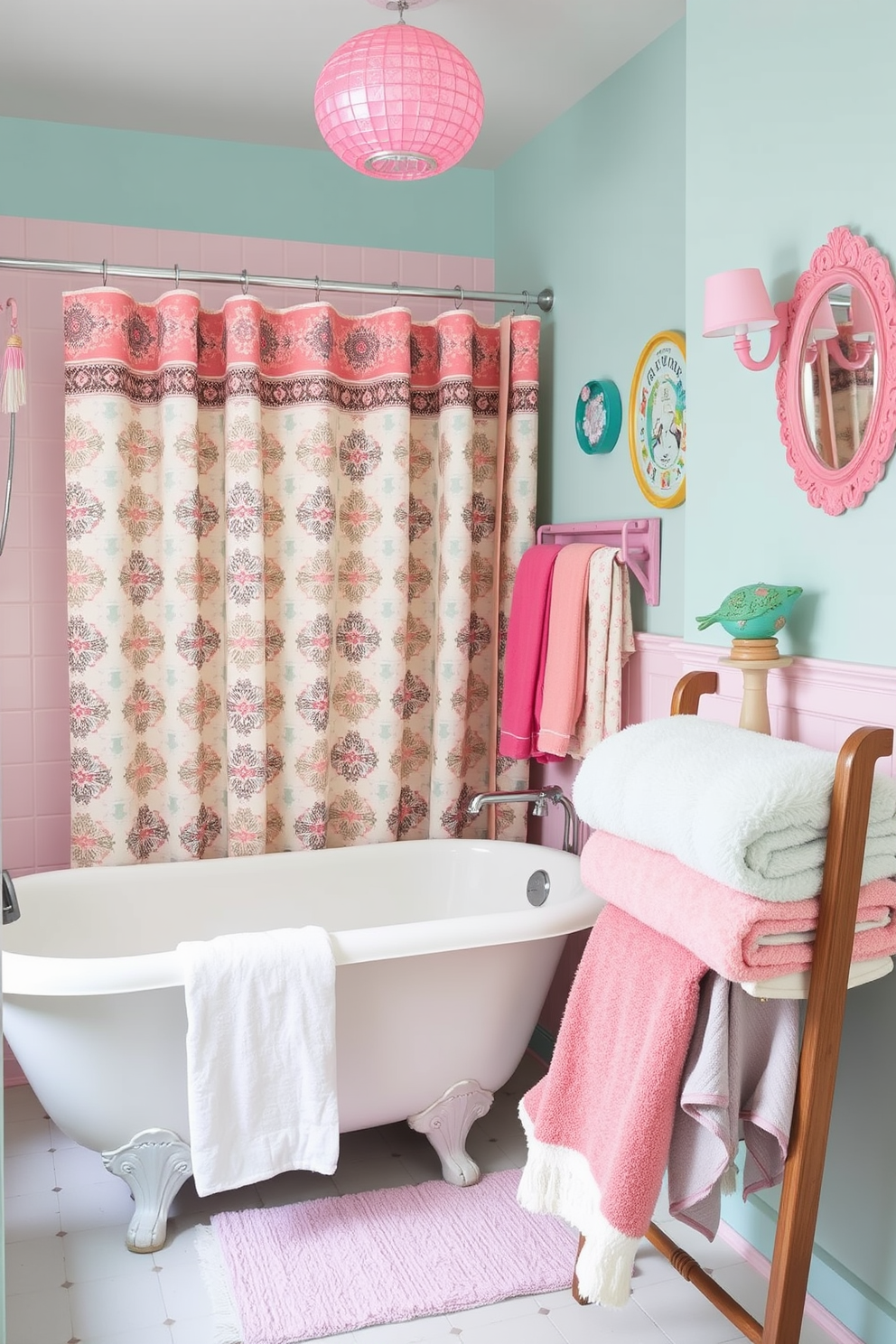 A retro-inspired bathroom featuring colorful accessories and plush towels. The space is adorned with a pastel color palette, showcasing a classic clawfoot tub and patterned shower curtains. Vintage-inspired fixtures and decorative elements add charm and character. Soft, fluffy towels in coordinating hues are neatly arranged on a rustic wooden rack.