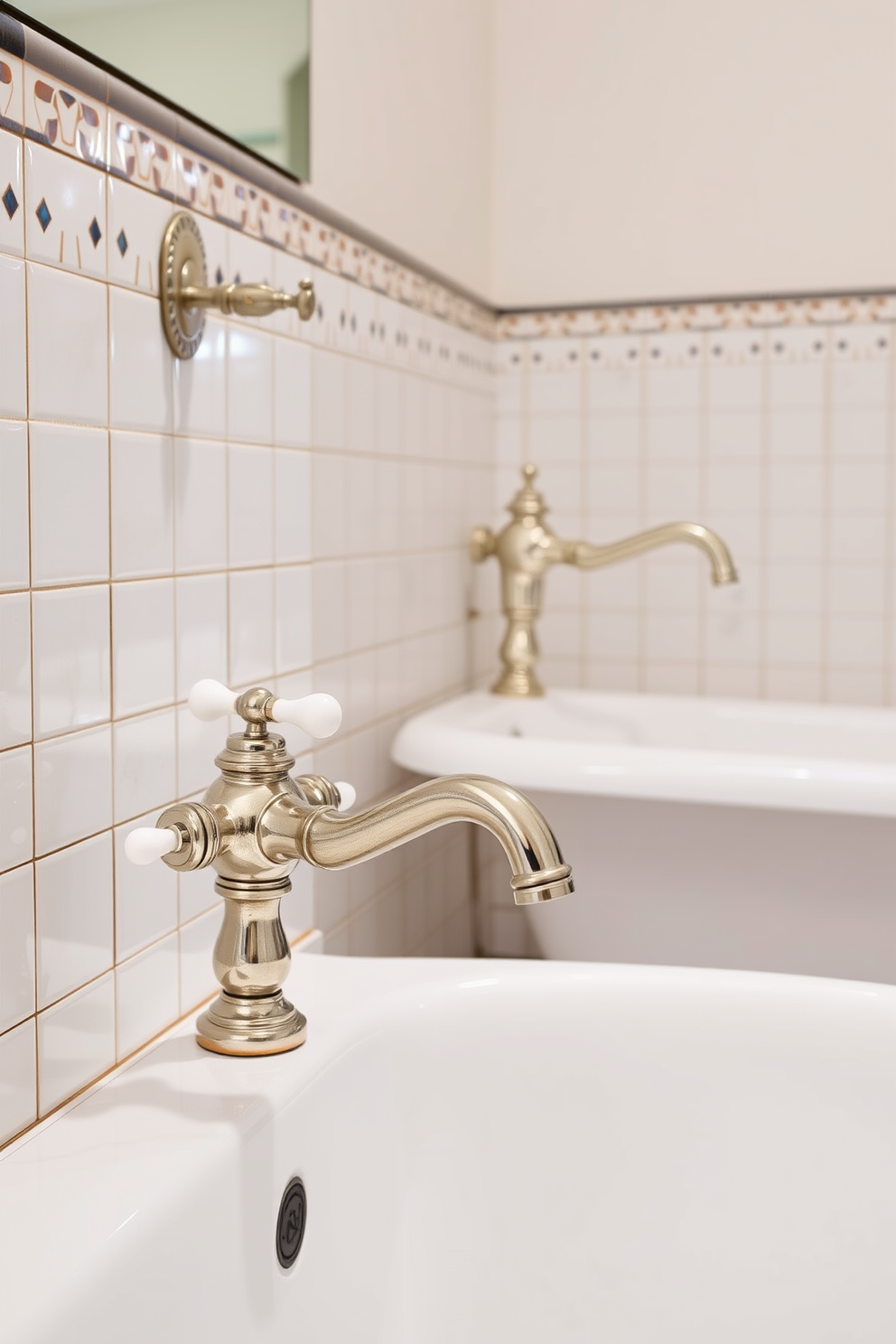 A vintage bathroom design featuring elegant vintage-style faucets with porcelain handles. The space is adorned with classic tiles and a freestanding bathtub, creating a timeless atmosphere.