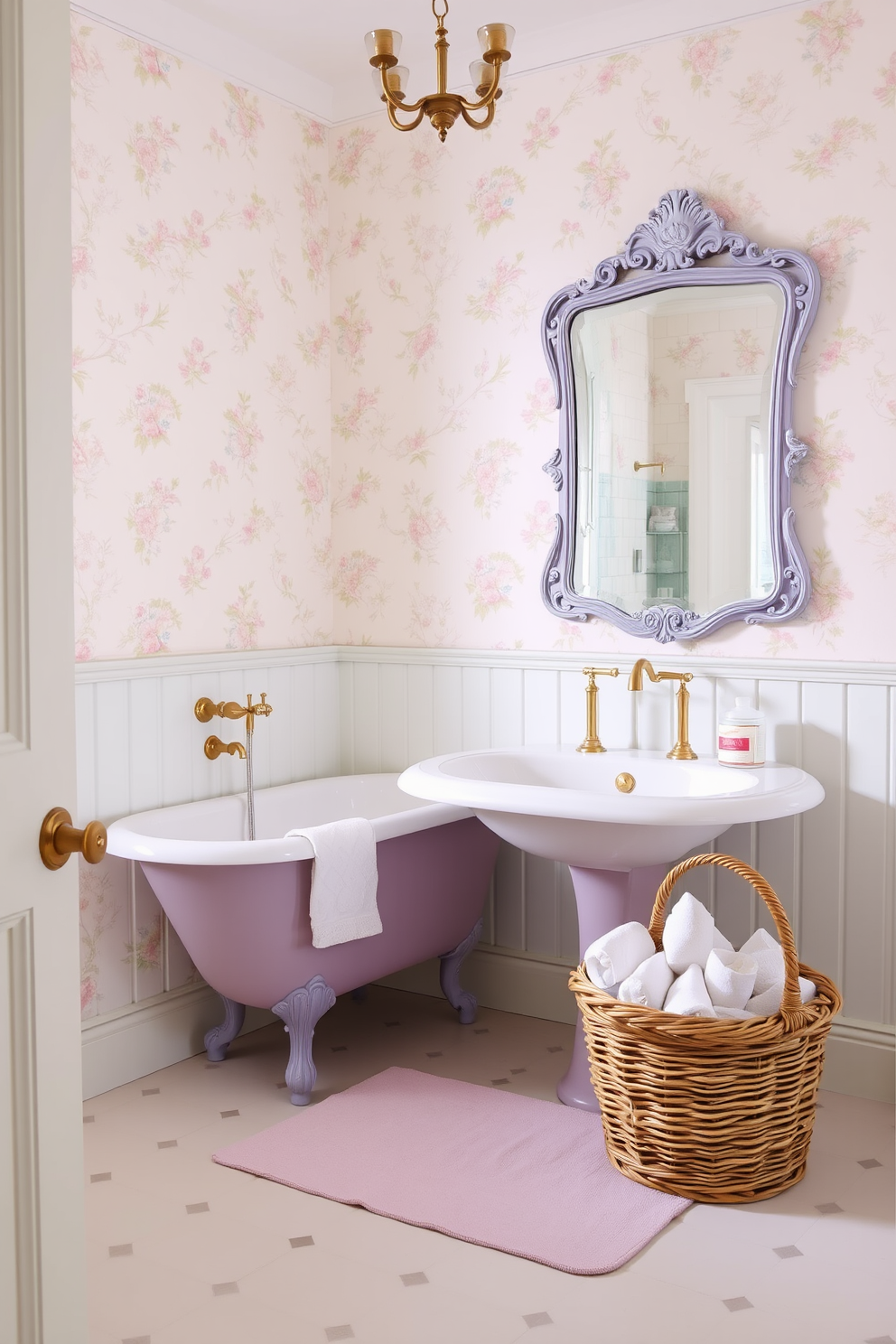 A vintage bathroom design featuring soft pastel colors creates a serene atmosphere. The walls are adorned with delicate floral wallpaper in light pink and mint green, complemented by a freestanding clawfoot bathtub painted in a soft lavender hue. Antique brass fixtures add a touch of elegance, while a large ornate mirror above the sink reflects the calming colors. A wicker basket filled with rolled white towels sits in one corner, enhancing the vintage charm.