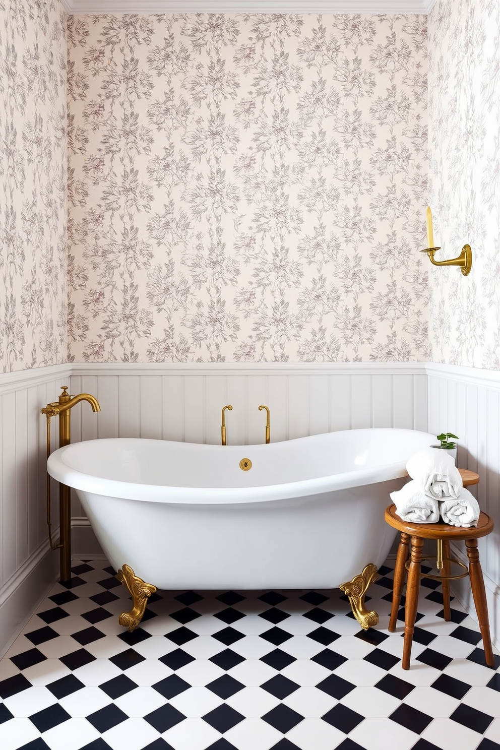 A freestanding bathtub with elegant curves sits gracefully in the center of a vintage-inspired bathroom. The walls are adorned with intricate floral wallpaper, and the floor features classic black and white checkered tiles. Antique brass fixtures complement the soft pastel color palette, creating a serene atmosphere. A charming wooden stool next to the tub holds neatly rolled towels and a small potted plant for added warmth.