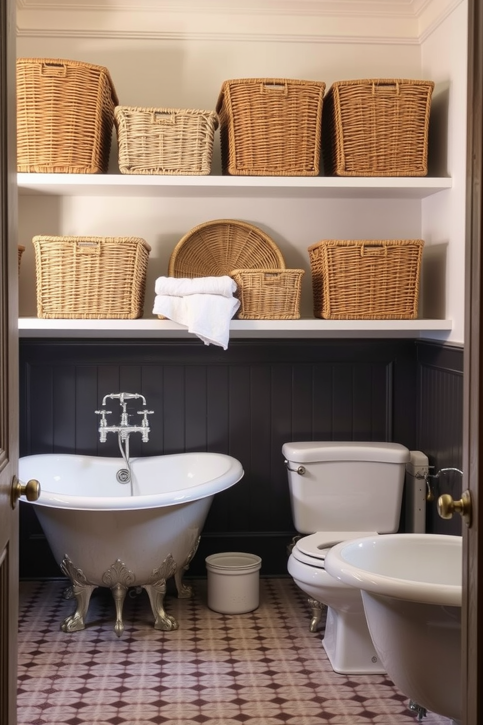 Woven baskets are elegantly arranged on open shelves, providing a chic storage solution while adding texture to the space. The bathroom features vintage elements such as clawfoot tubs and antique fixtures, creating a timeless and inviting atmosphere.