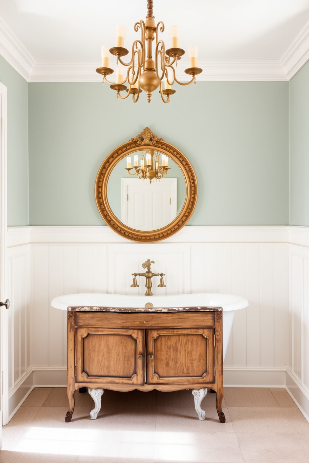 A vintage bathroom setting featuring a subway tile backsplash in soft pastel colors. The walls are adorned with white wainscoting, and a freestanding clawfoot tub sits elegantly in the center of the room. A rustic wooden vanity with a distressed finish complements the vintage aesthetic. Above the vanity, a round mirror with an antique gold frame reflects the warm, ambient lighting from a vintage chandelier.