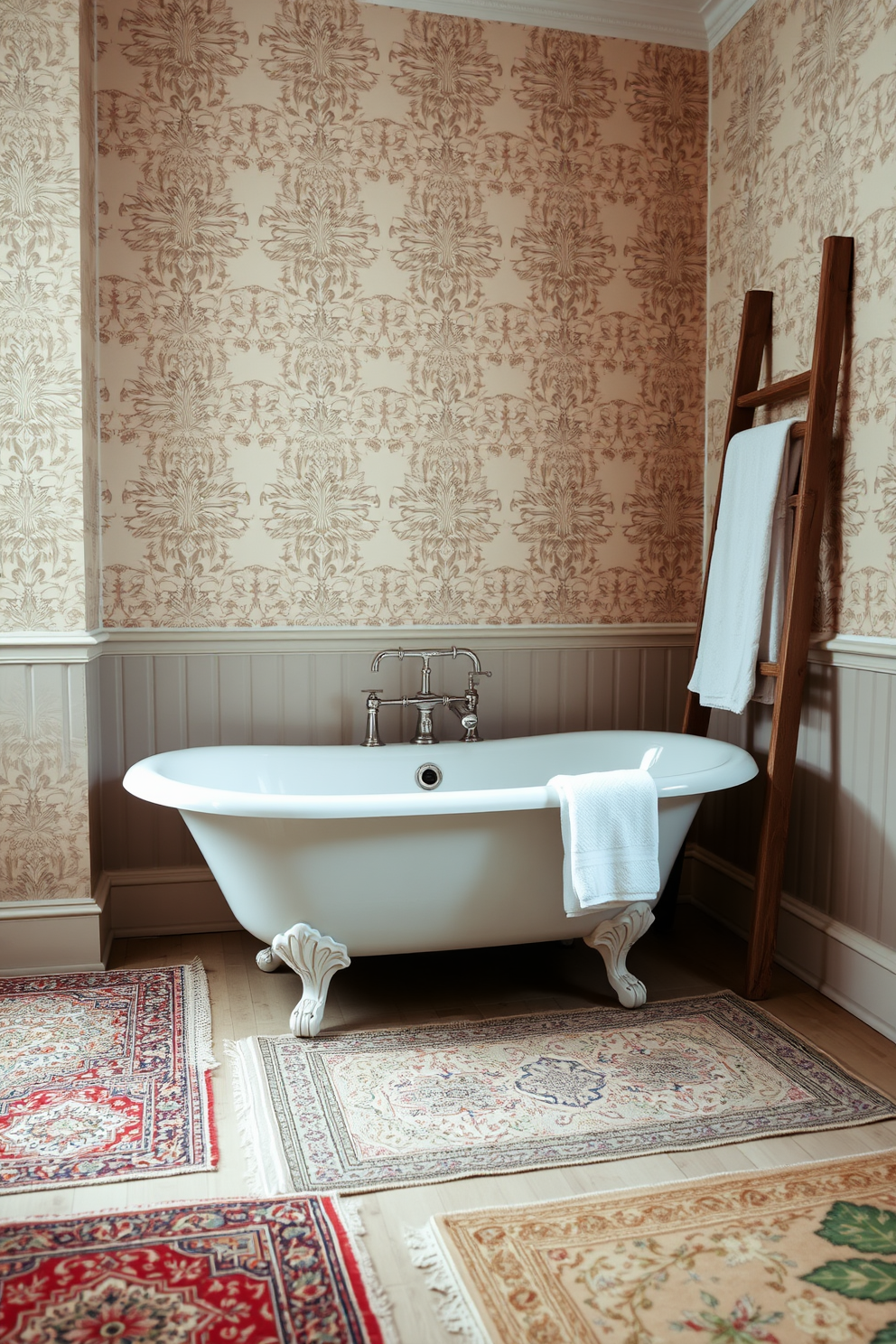 A vintage bathroom design featuring a freestanding clawfoot bathtub surrounded by patterned vintage rugs that add warmth and texture to the space. The walls are adorned with intricate wallpaper in soft pastel tones, and a rustic wooden ladder leans against one wall to hold fluffy white towels.