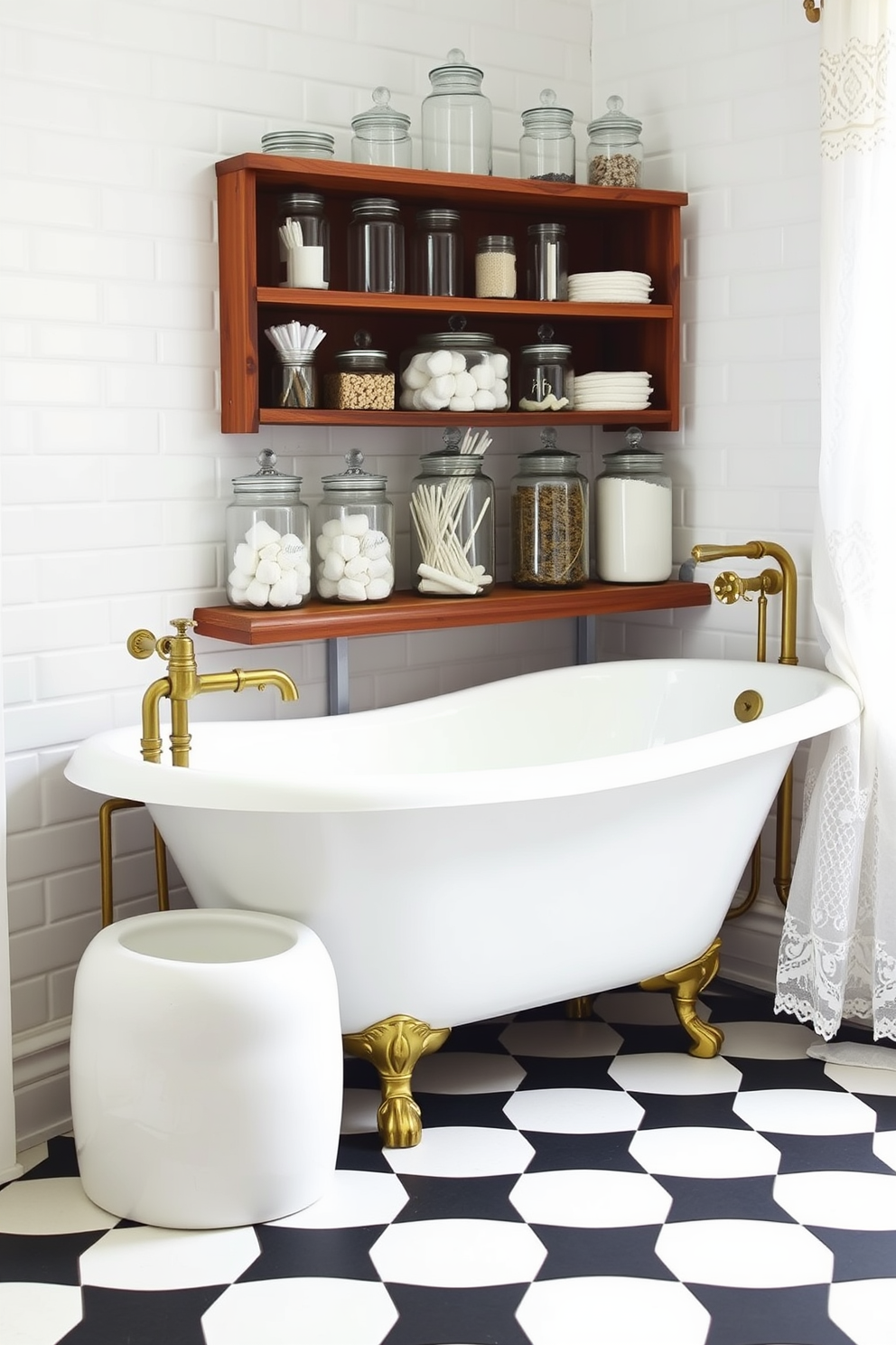 A charming vintage bathroom setting featuring glass jars for organizing essentials. The jars are filled with cotton balls, swabs, and bath salts, arranged neatly on a reclaimed wood shelf. The walls are adorned with classic white subway tiles, while the floor boasts a checkerboard pattern in black and white. A freestanding clawfoot bathtub sits elegantly in the corner, complemented by antique brass fixtures and a lace curtain.