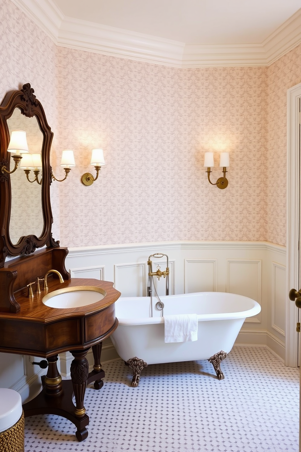 A vintage bathroom setting featuring a lighted vanity mirror with an ornate design. The walls are adorned with classic wallpaper in soft pastel tones, and the floor is covered with intricate mosaic tiles.