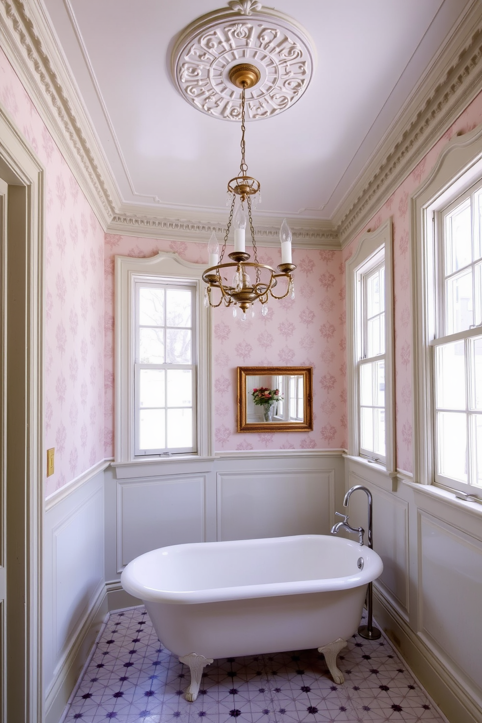 A vintage bathroom design featuring intricate decorative molding along the ceiling and around the windows. The walls are adorned with soft pastel wallpaper, and a clawfoot bathtub sits elegantly in the corner, complemented by a classic chandelier overhead.