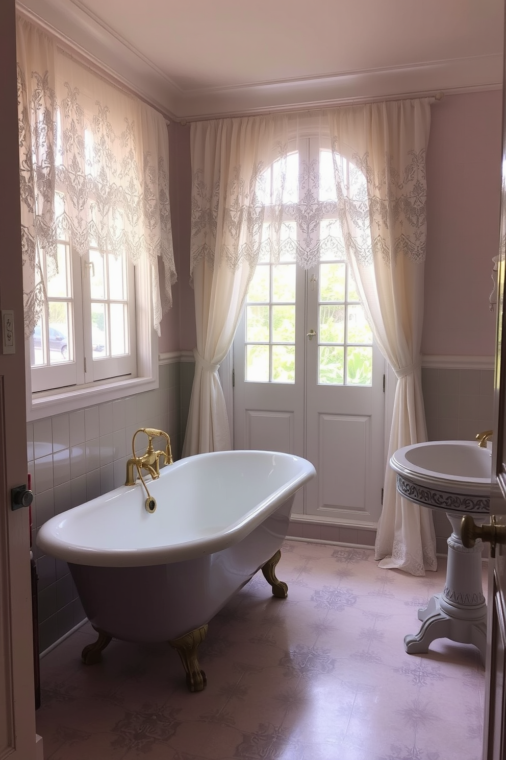 A charming vintage bathroom featuring repurposed wooden crates as unique shelving units. The crates are mounted on the wall, displaying an array of potted plants and decorative items, adding a rustic touch to the space. The walls are painted in a soft pastel color, complementing the vintage aesthetic. A clawfoot bathtub sits in the center, surrounded by vintage-inspired fixtures and a woven basket for towels.