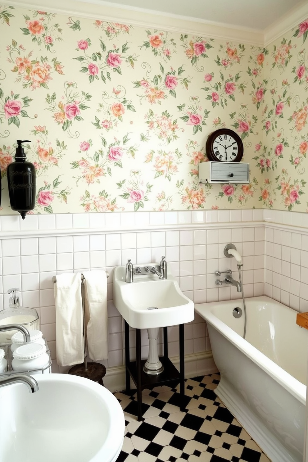 A vintage bathroom design featuring old-fashioned soap dishes and dispensers. The walls are adorned with floral wallpaper and the floor is covered with classic black and white checkered tiles.