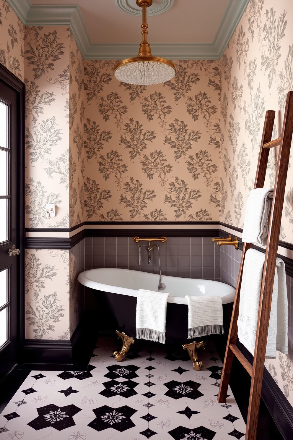 A vintage-inspired showerhead is the centerpiece of this classic bathroom design. The walls are adorned with intricate wallpaper featuring floral patterns, and the floor is covered with elegant black and white tiles. A freestanding clawfoot tub sits against the wall, inviting relaxation. Antique brass fixtures complement the overall vintage aesthetic, while a rustic wooden ladder holds neatly folded towels.