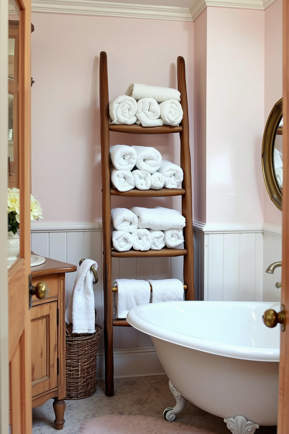 A charming vintage bathroom featuring an antique wooden ladder used creatively to display neatly rolled towels. The space is adorned with soft pastel colors, and rustic elements like a clawfoot bathtub and a distressed wooden vanity enhance the nostalgic ambiance.