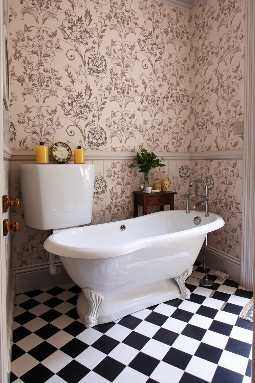 A traditional toilet with a high tank style is the focal point of the vintage bathroom. The walls are adorned with classic wallpaper featuring intricate floral patterns, creating a charming and timeless atmosphere. The floor is covered in black and white checkered tiles that enhance the vintage appeal. A freestanding clawfoot bathtub sits elegantly in the corner, surrounded by vintage-inspired accessories and a small wooden side table.