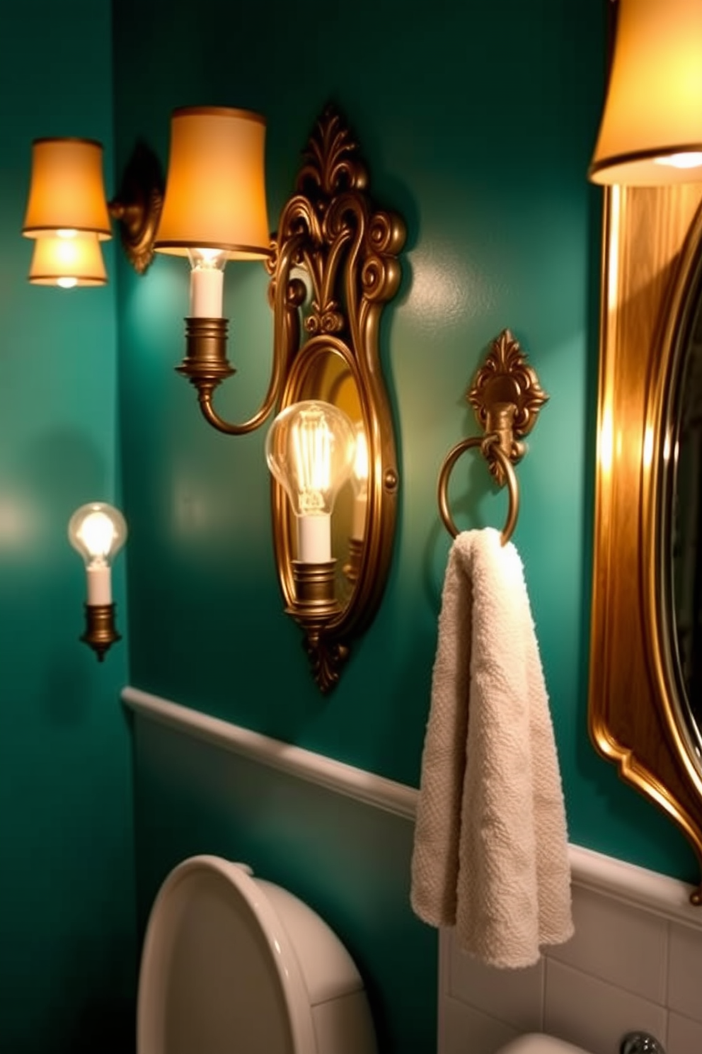 A vintage bathroom design featuring decorative wall sconces that provide soft, ambient lighting. The sconces are elegantly designed with intricate details and warm-toned bulbs, enhancing the overall charm of the space.