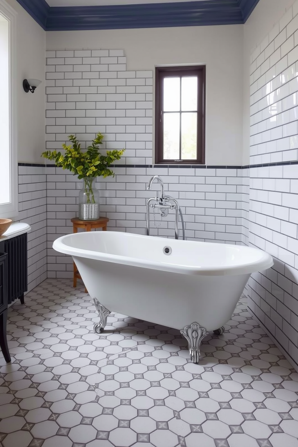 A vintage bathroom design featuring hexagonal floor tiles that exude retro charm. The walls are adorned with classic subway tiles, and a freestanding clawfoot bathtub sits elegantly in the corner.