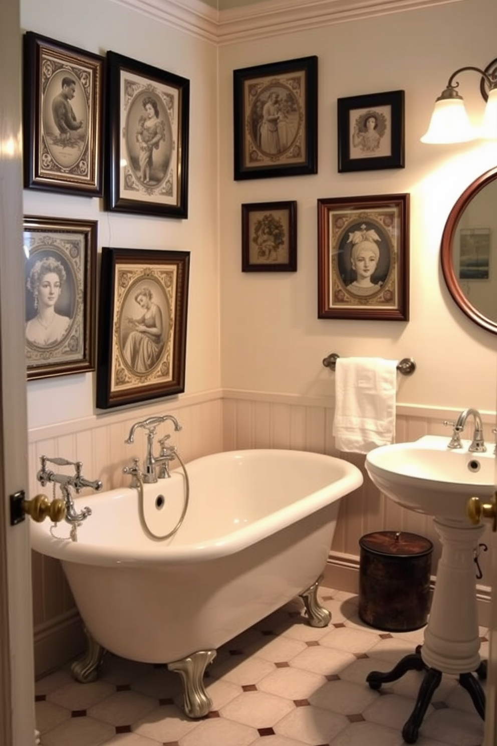 A charming vintage bathroom featuring framed vintage prints adorning the walls. The prints showcase intricate designs and muted colors, enhancing the artistic flair of the space. The bathroom includes a clawfoot bathtub with elegant fixtures and a pedestal sink. Soft, warm lighting illuminates the room, creating a cozy and inviting atmosphere.